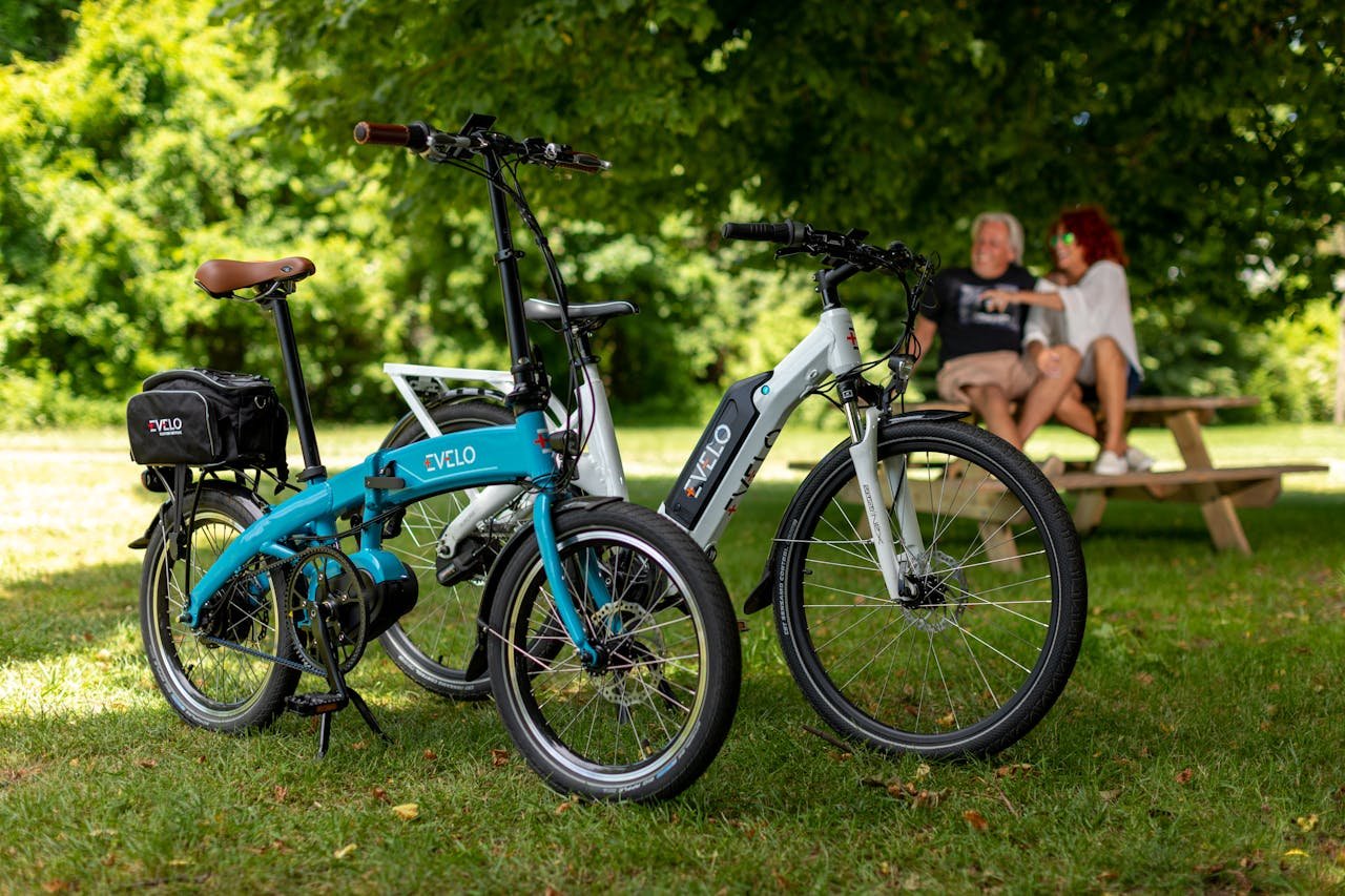 Electric bikes parked in a green park with a couple enjoying a picnic.
